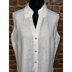 Kate Hill NWT White 100% Linen Beaded Embellished Collar Sleeveless Tunic Sz L